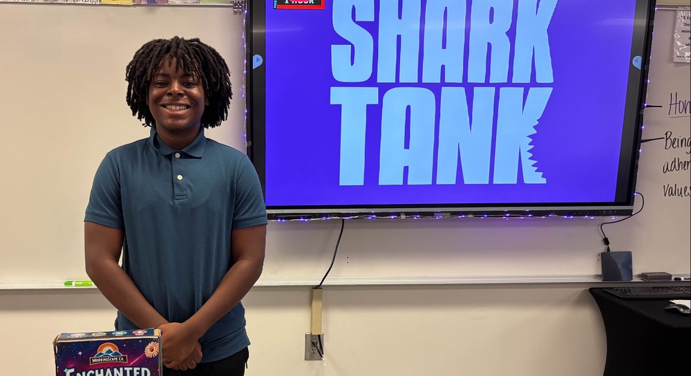 A CHHS student with Enchanted Flakes and Shark Tank