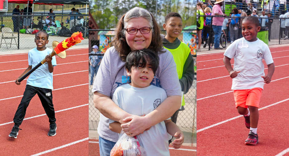 DCSS students and staff members are shown taking part in the Special Olympics, including one with the Olympic torch, another running and a third being hugged by a staff member.