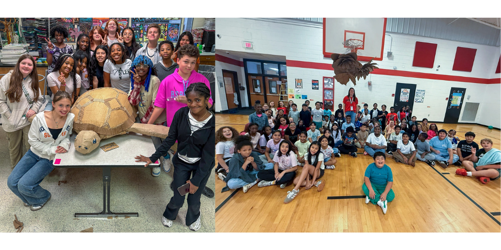 Photos of Chapel Hill Middle and Winston Elementary art students with their sculptures for the Children's Museum of Atlanta.