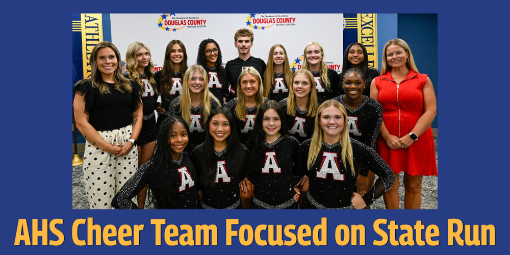 Graphic showing team photo of AHS cheerleaders and headline "AHS Cheer Team Focused on State Run"