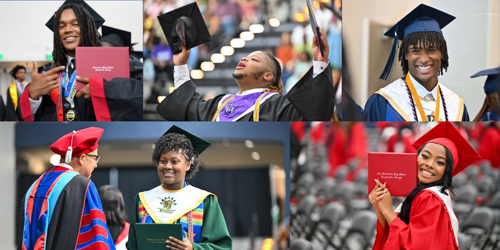 Collage of photos from the graduation ceremonies in 2026 with smiling graduates from all five DCSS high schools.