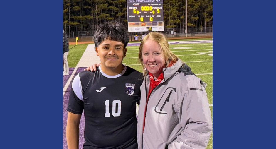 Wing/Striker Lukas Carreno poses with  Alexander High School Soccer Alumni and current Mt. Zion Head Coach Sam Eskew Camp after scrimmage match with Mt. Zion.