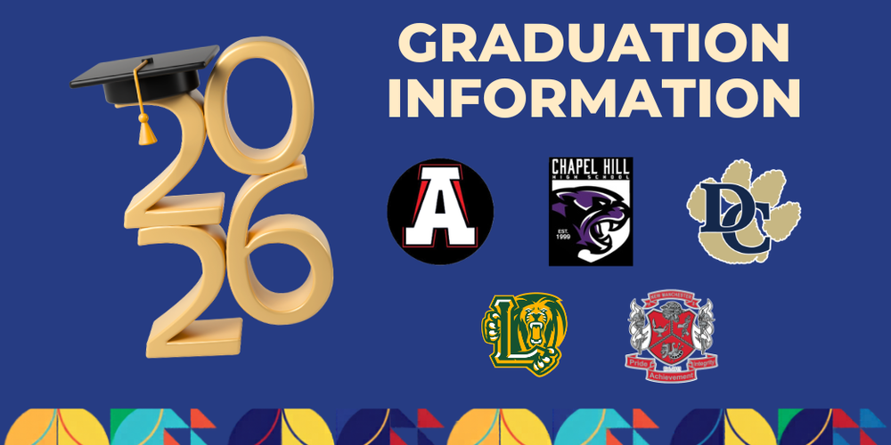 Graphic showing 2026 Graduation Information with logos for all five DCSS high schools.