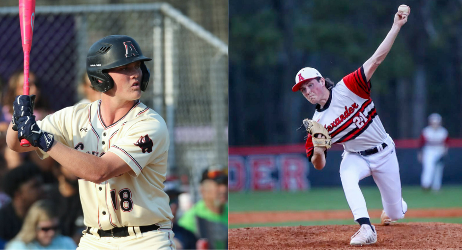 Two Alexander baseball players - one hitting and one pitching.