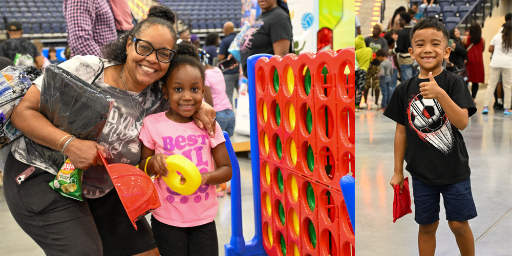 Students and their families smile at the fifth annual Back to School Kick-Off.