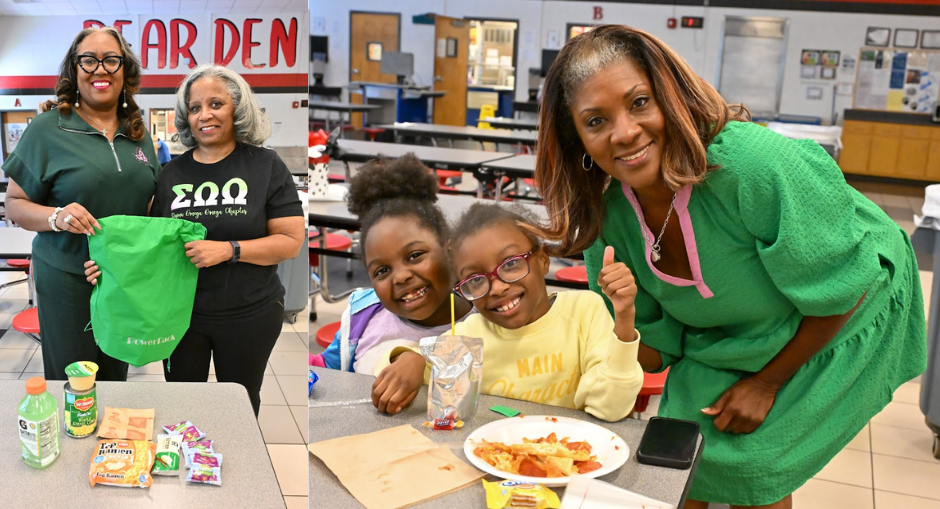 A member of the Alpha Kappa Alpha Sorority Inc. poses for a photo with two Eastside Elementary students enjoying a special surprise pizza party.