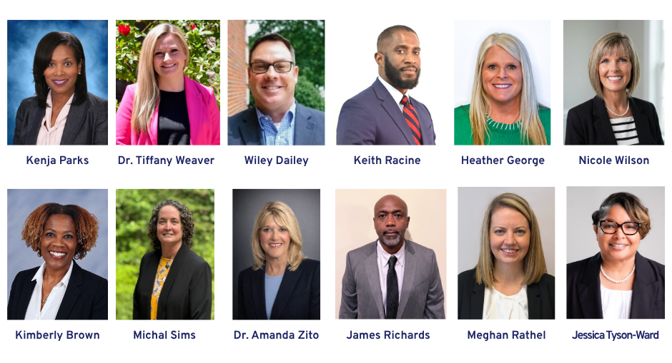 Personnel changes graphic showing head shots of 12 persons in new leadership roles in the district for 2026-2027.