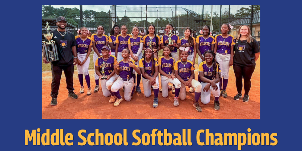 CHMS softball team group photo with headline "Middle School Softball Champions"