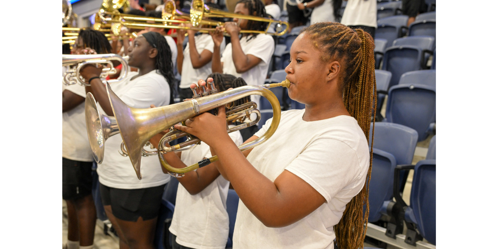 The New Manchester High band performs at the 2026 Back to School Kick-Off.