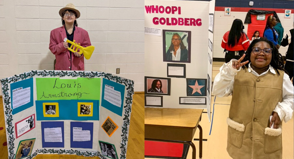Students at LSES and AWES stand next to their Black History wax museum displays .