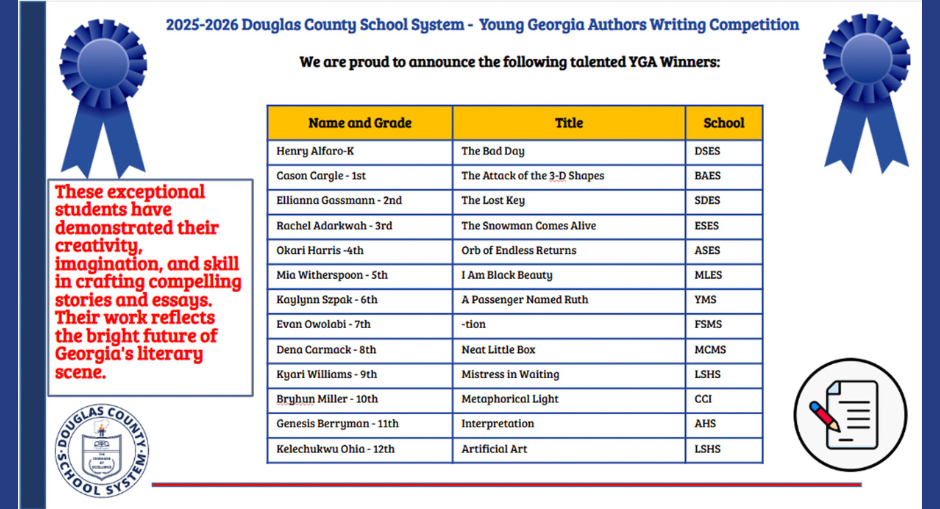 Graphic with list of Young Georgia Author winners.
