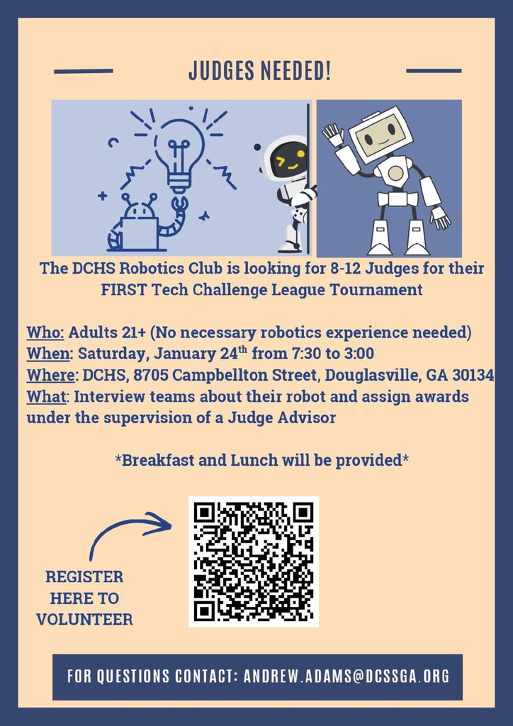 Judges Needed flyer for DCHS Robotics event on Jan. 24.