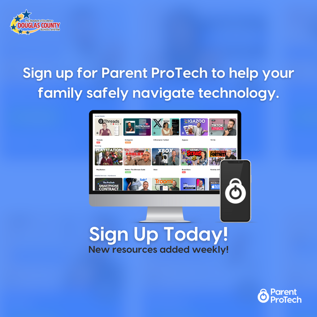 Computer monitor and smartphone display Parent ProTech platform interface showing social media and gaming tutorial thumbnails. Text reads "Sign up for Parent ProTech to help your family safely navigate technology" and "Sign Up Today! New resources added weekly."