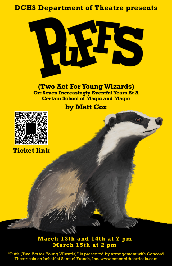 DCHS presents Puffs flyer with dates and ticket info.