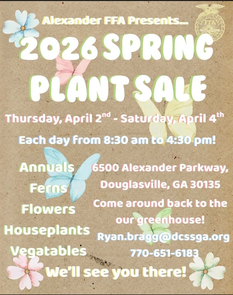 Flyer for Alexander High School Spring Plant Sale taking place April 2-4, 2026.