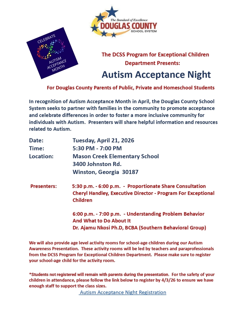 Flyer for Autism Acceptance Night hosted by the Douglas County School System Program for Exceptional Children Department on Tuesday, April 21, 2026, from 5:30 to 7:00 p.m. at Mason Creek Elementary School in Winston, Georgia.