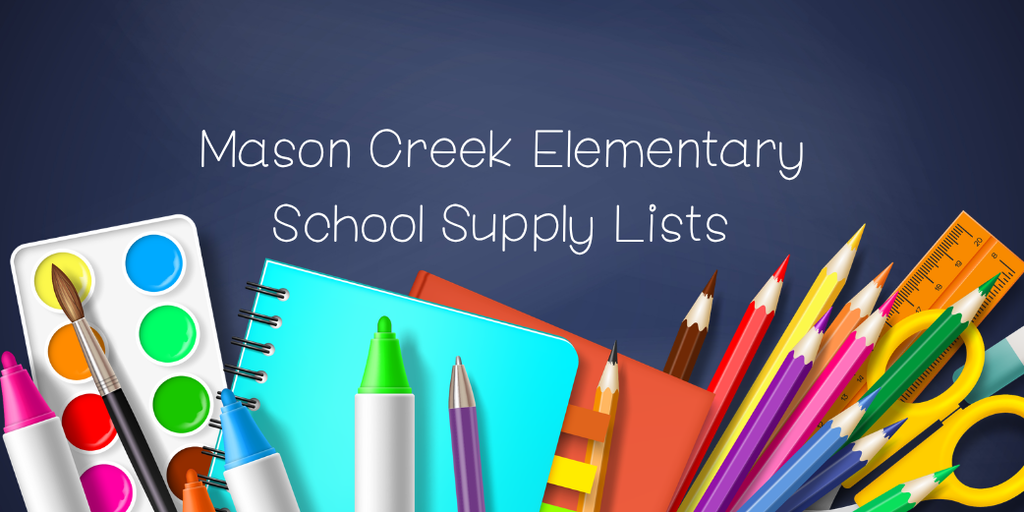A colorful back-to-school themed graphic featuring school supplies such as pencils,  scissors,  notebooks, rulers,  and markers surrounding the words “School Supply List.” The design is bright, cheerful, and elementary school themed to help families prepare for the new school year.