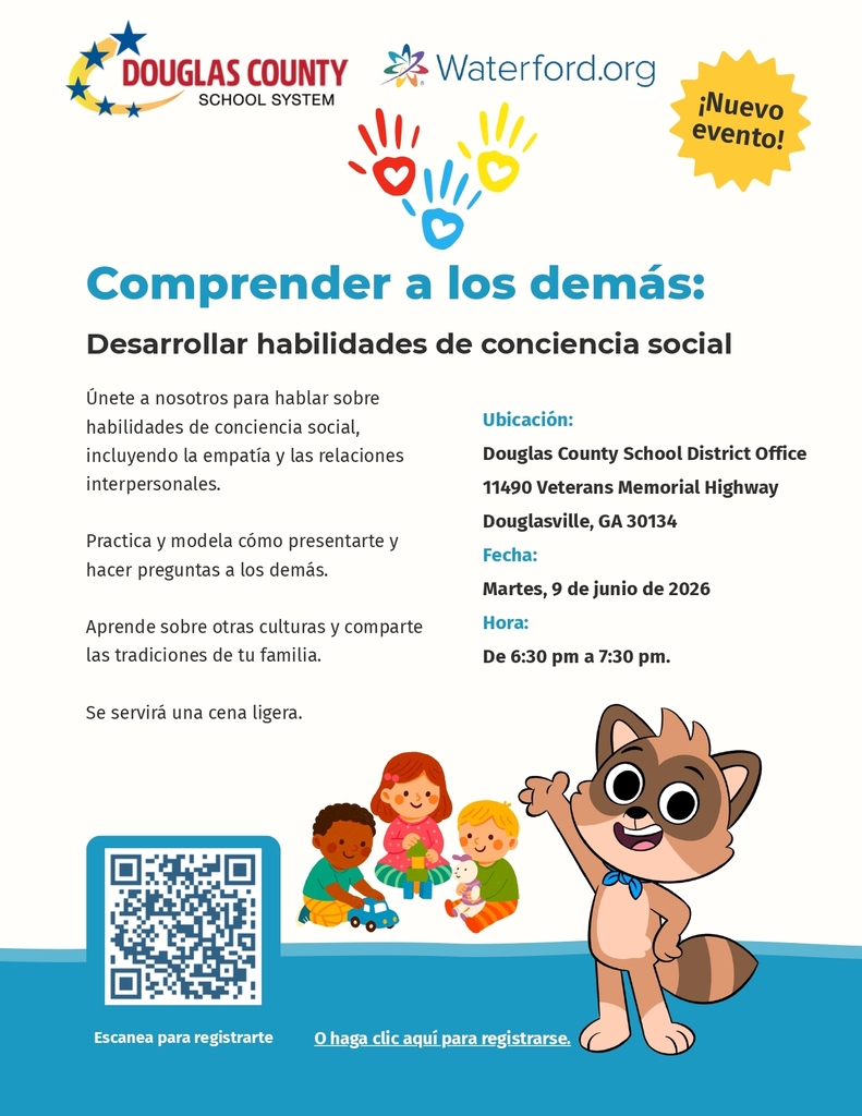 Volante en español para una noche de padres de Pre-K del Sistema Escolar del Condado de Douglas, copatrocinado por Waterford.org. El título dice "Comprender a los demás: Desarrollar habilidades de conciencia social." Detalles del evento: martes, 9 de junio de 2026, de 6:30 a 7:30 p.m., Douglas County School District Office, 11490 Veterans Memorial Highway, Douglasville, GA 30134. Las actividades incluyen practicar presentaciones, aprender sobre otras culturas y tradiciones familiares, con una cena ligera. Ilustrado con huellas de manos coloridas con corazones, tres niños pequeños jugando juntos y una mascota de mapache de dibujos animados. Se incluyen código QR y enlace para registrarse. Insignia "¡Nuevo evento!" en la esquina superior derecha.