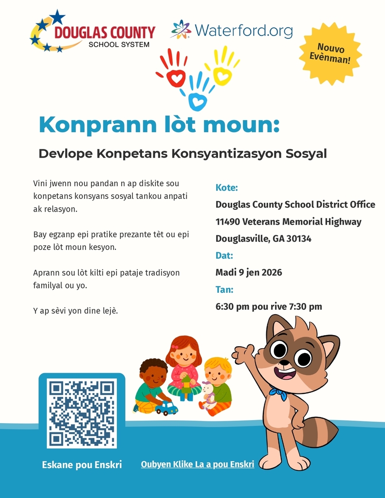 Flyer an kreyòl ayisyen pou yon Pre-K Parent Night nan Sistèm Lekòl Konte Douglas, ko-patwone pa Waterford.org. Tit la di "Konprann lòt moun: Devlope Konpetans Konsyantizasyon Sosyal." Detay evènman: Madi 9 jen 2026, 6:30 pm pou rive 7:30 pm, Douglas County School District Office, 11490 Veterans Memorial Highway, Douglasville, GA 30134. Aktivite yo enkli pratike prezantasyon, aprann sou lòt kilti ak tradisyon familyal, ak yon dine lejè. Ilustrasyon gen anprent men koulè ak kè, twa timoun ki jwe ansanm ak yon maskòt raton lavè karikati. Kòd QR ak lyen pou enskri enkli. Badj "Nouvo Evènman!" nan kwen anlè adwat.