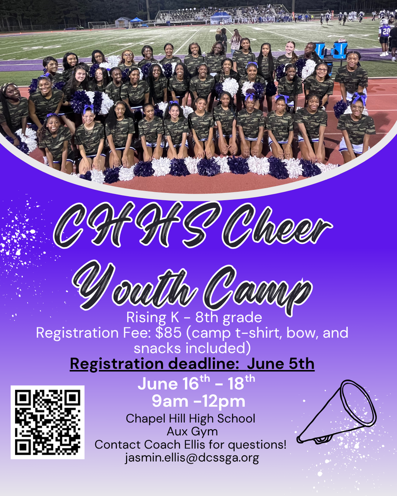 Event flyer for the CHHS Cheer Youth Camp featuring a photograph of a large high school cheerleading squad in camouflage shirts posing with purple and white pom-poms on a track field. Below the photo, against a purple gradient background, stylized text reads "CHHS Cheer Youth Camp." The flyer states the camp is for rising K through 8th graders, runs from June 16th–18th from 9:00 AM to 12:00 PM, and takes place in the Chapel Hill High School Aux Gym. The registration fee is $85 (includes a t-shirt, bow, and snacks) with a deadline of June 5th. Contact information is provided for Coach Ellis at jasmin.ellis@dcssga.org, and a QR code for registration sits in the bottom left corner next to a megaphone graphic.