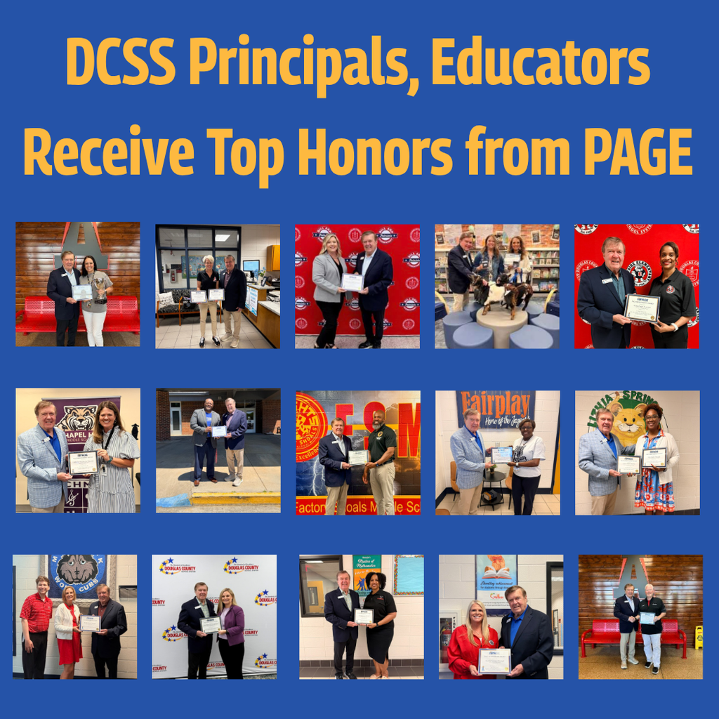 A collage of 15 photos on a blue background shows Douglas County School System principals and educators receiving PAGE Meritorious Awards from Dr. Bob Heaberlin, District 6 Membership Services Representative for the Professional Association of Georgia Educators. Each photo features an award recipient posing with their certificate at their respective school. Bold yellow text at the top reads: "DCSS Principals, Educators Receive Top Honors from PAGE.