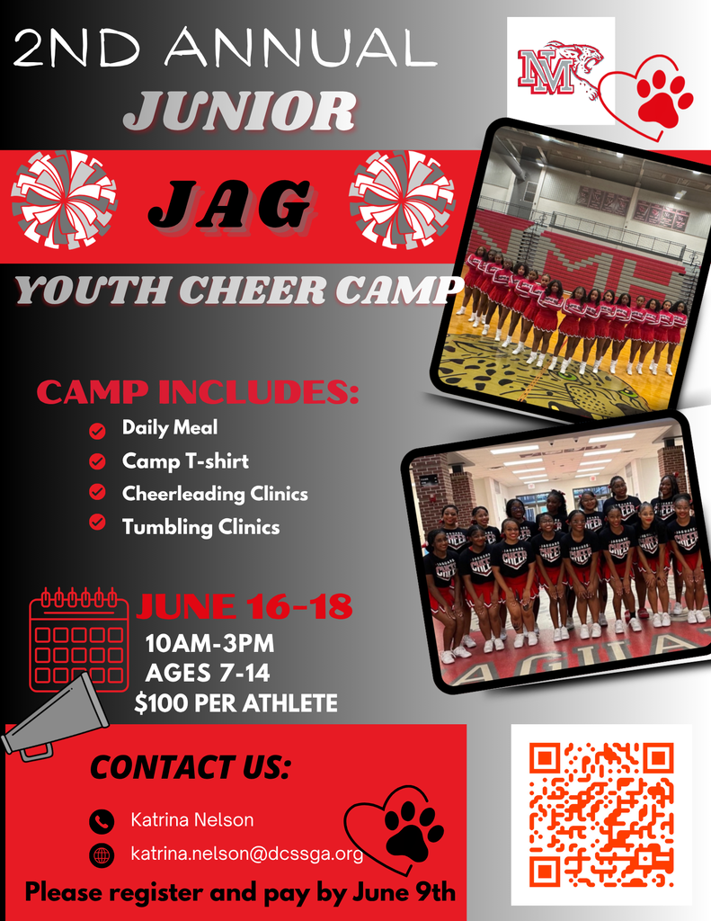 Flyer for the 2nd Annual Junior Jag Youth Cheer Camp at New Manchester High School, June 16-18, 10 a.m.-3 p.m., for ages 7-14 at $100 per athlete. Camp includes daily meals, a T-shirt, and cheerleading and tumbling clinics. Registration deadline is June 9. Contact Katrina Nelson at katrina.nelson@dcssga.org. Two photos show New Manchester cheerleaders performing and posing in the gym.