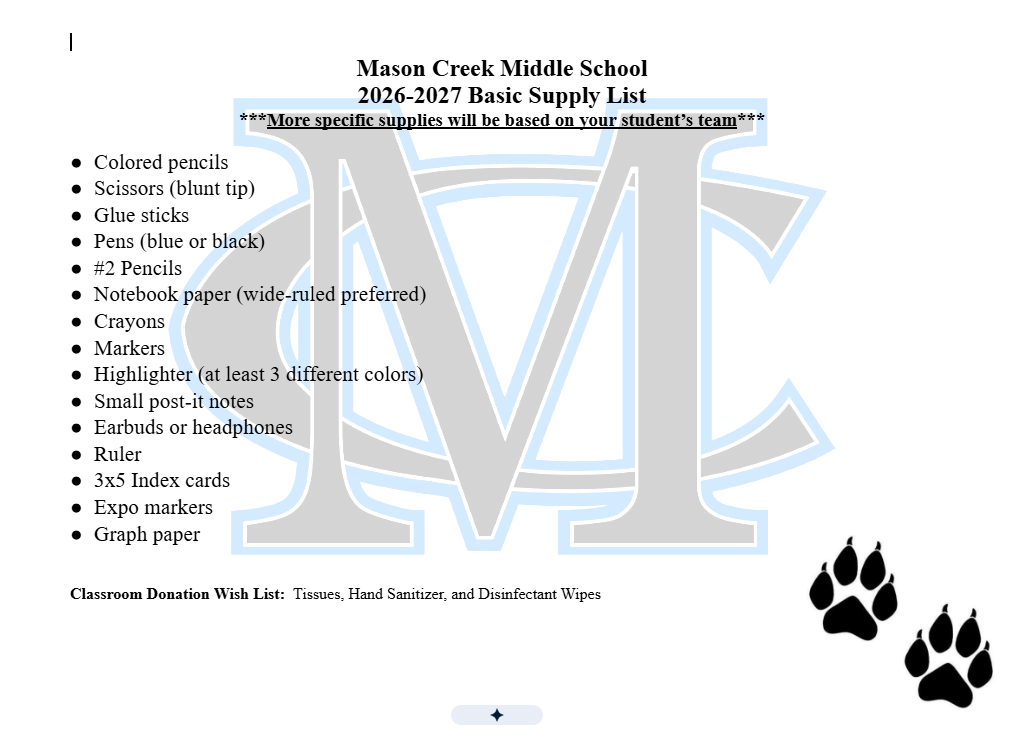 2026-2027 Basic School Supply List