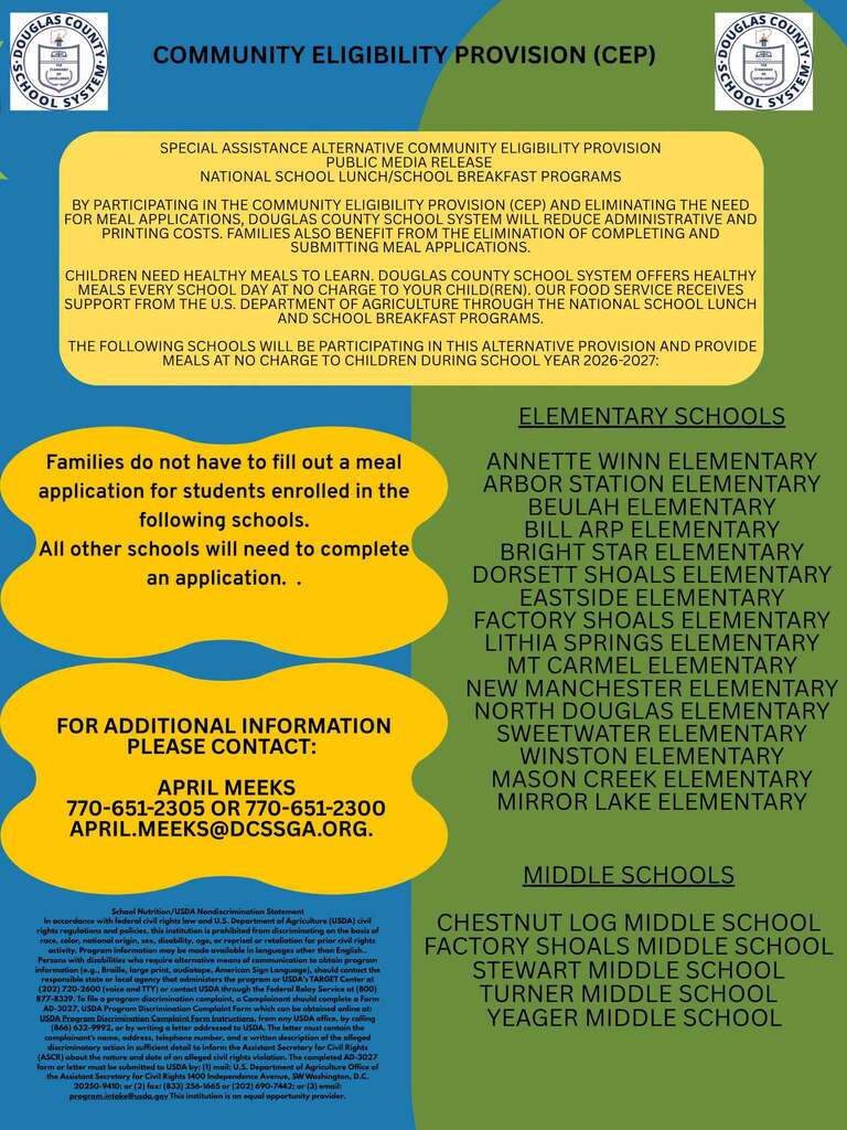 Official Douglas County School System press release flyer for the Community Eligibility Provision (CEP) program for the 2026–2027 school year, listing eligible elementary and middle schools with free meals and contact details for April Meeks.