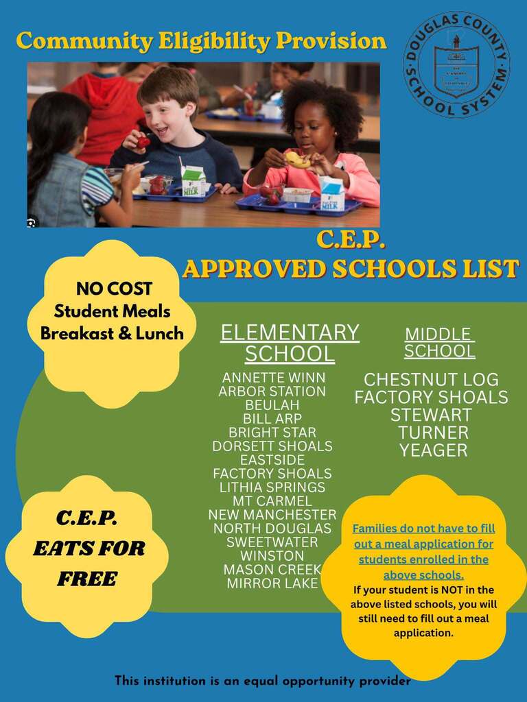 Douglas County School System C.E.P. flyer announcing no-cost student meals (breakfast and lunch) with a photo of children eating lunch, featuring a list of participating elementary and middle schools where meal applications are not required.