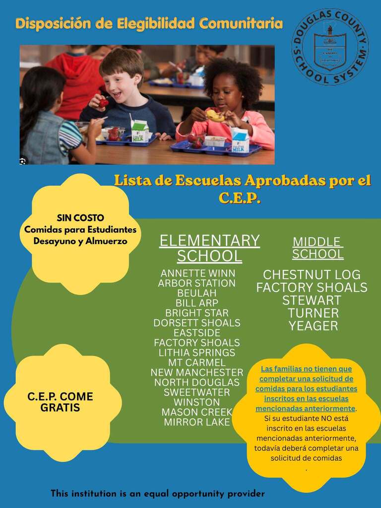 Alt text: Spanish flyer for Douglas County School System announcing free breakfast and lunch under the Community Eligibility Provision (C.E.P.), featuring a photo of diverse children eating lunch and listing approved elementary and middle schools.