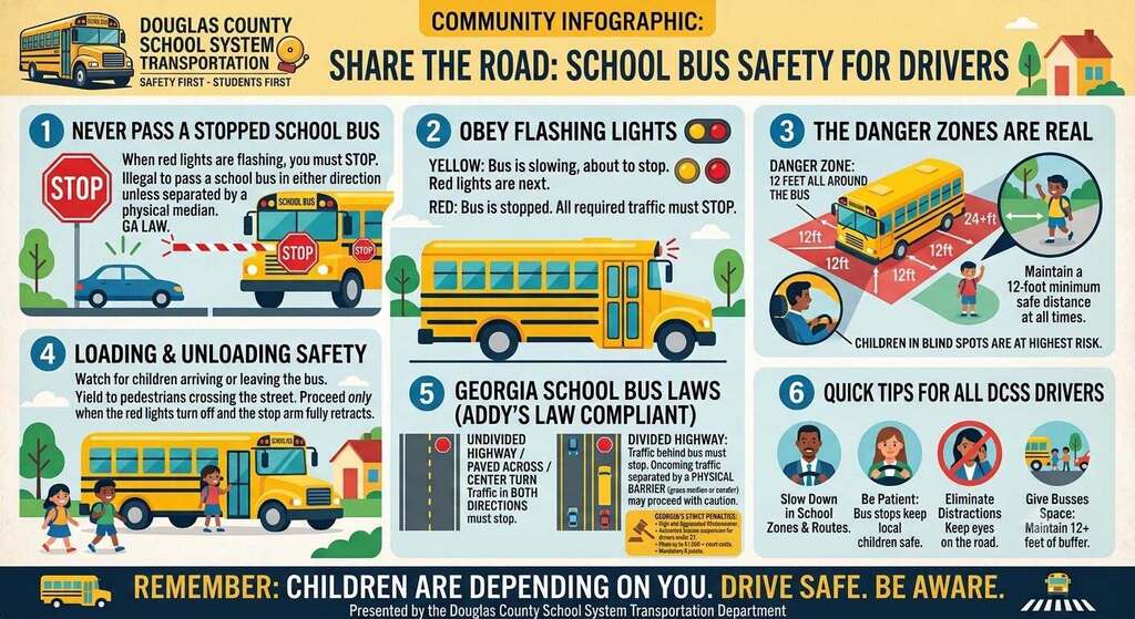 Community infographic titled "Share the Road: School Bus Safety for Drivers" by Douglas County School System Transportation. It outlines six key bus safety rules and Georgia laws, highlighting stopping for red flashing lights, maintaining a 12-foot danger zone around buses, watching for loading children, and obeying Addy's Law.