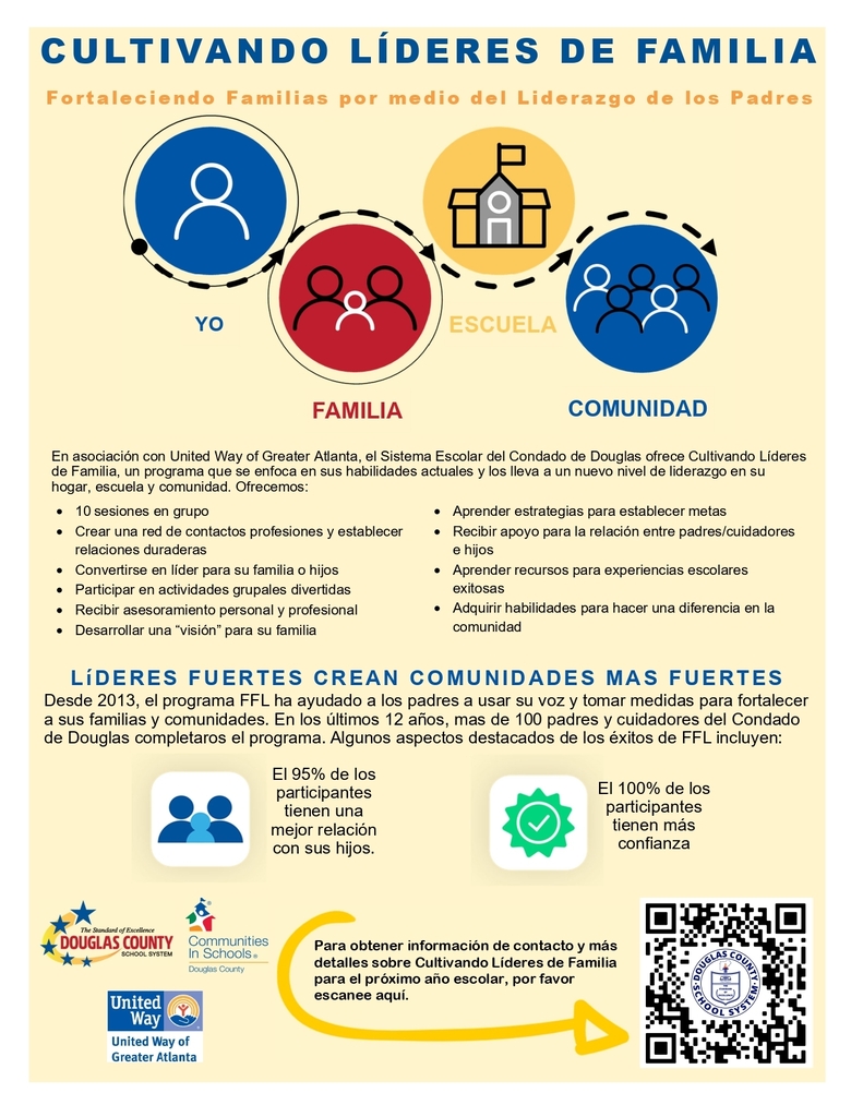 Flyer titled "Cultivando Líderes de Familia: Fortaleciendo Familias por medio del Liderazgo de los Padres" — the Spanish version of "Fostering Family Leaders." Icons show a path from "Yo" (Me) to "Familia" (Family) to "Escuela" (School) to "Comunidad" (Community). Text describes the same Douglas County School System program with United Way of Greater Atlanta, offering 10 group sessions with coaching and goal-setting skills. Stats show 95% of participants have a better relationship with their child and 100% have more confidence. A QR code and program logos appear at the bottom.