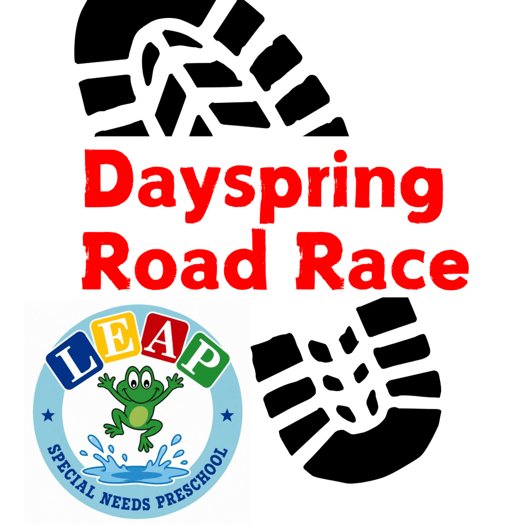 Dayspring Road Race logo with shoe prints and the LEAP Special Needs Preschool frog logo.  