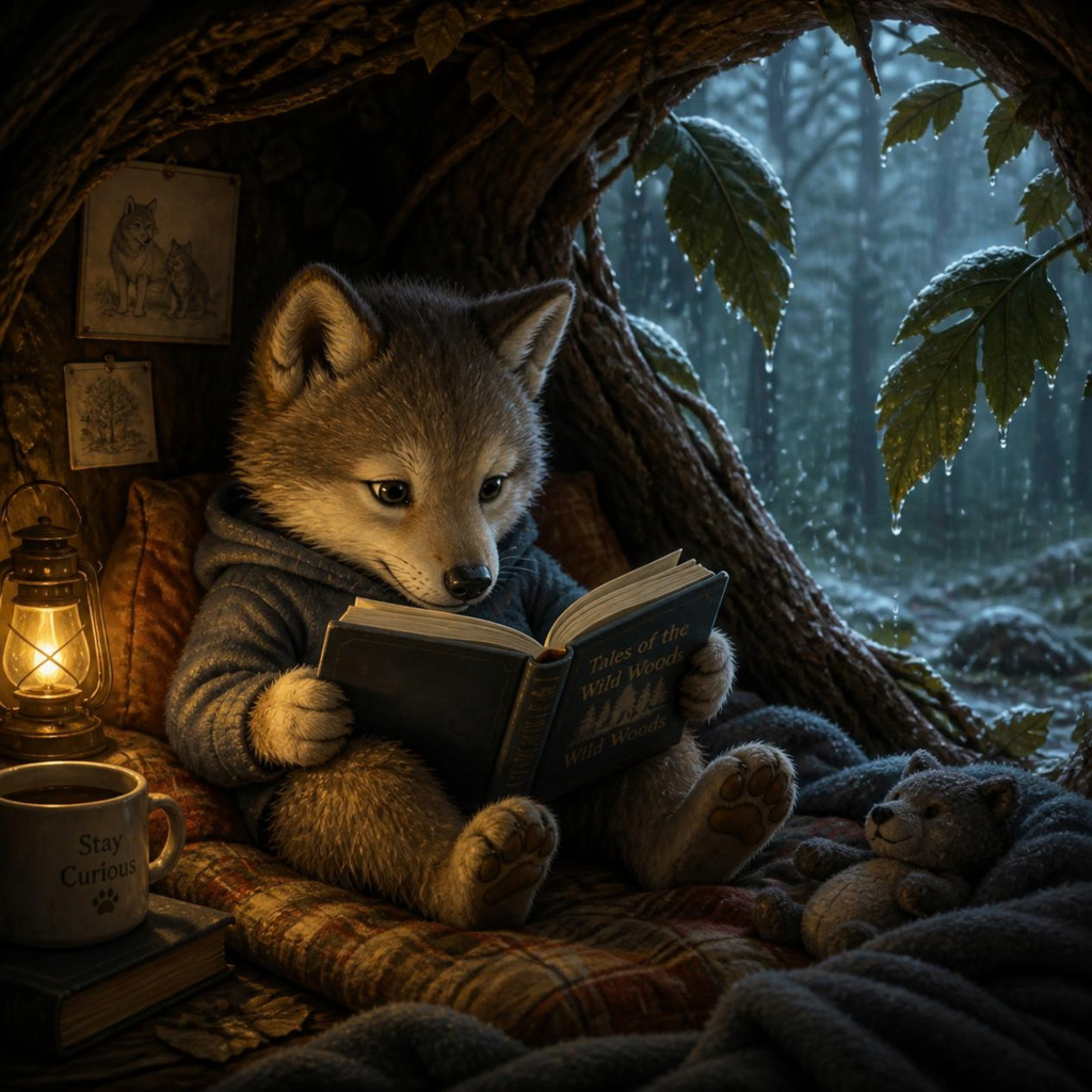Wolf cub reading on a rainy day