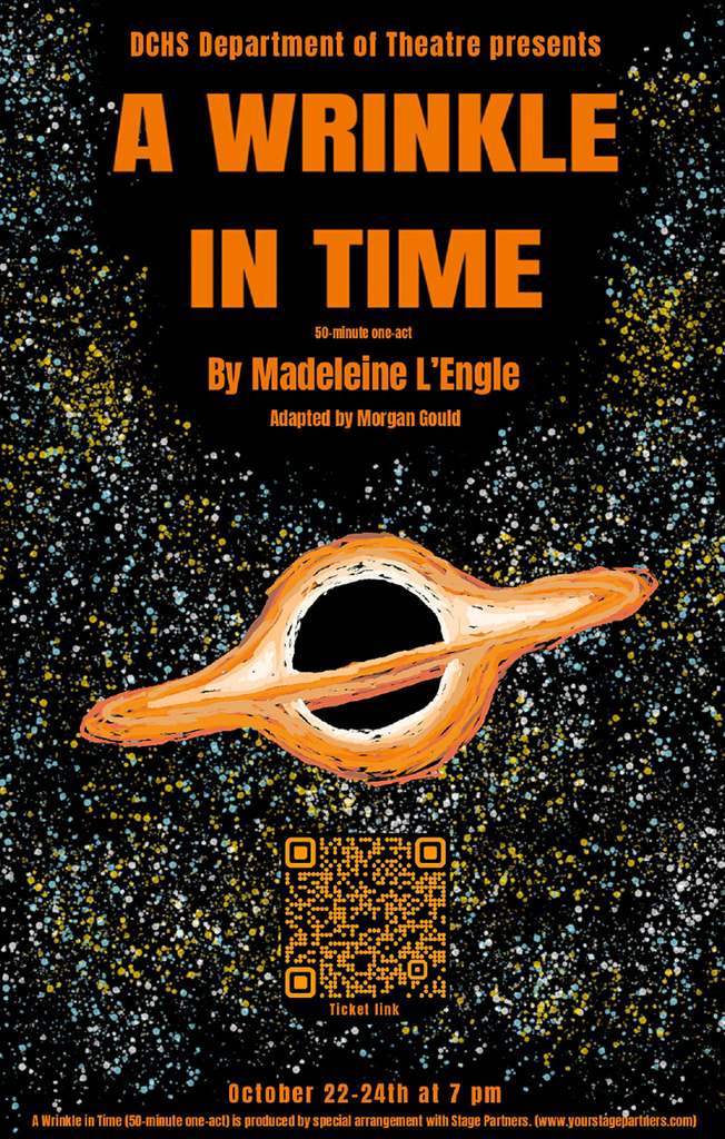 Flyer for the DCHS Department of Theatre’s production of “A Wrinkle in Time,” a 50-minute one-act by Madeleine L’Engle, adapted by Morgan Gould. Performances are Oct. 22-24 at 7 p.m. A QR code links to tickets.