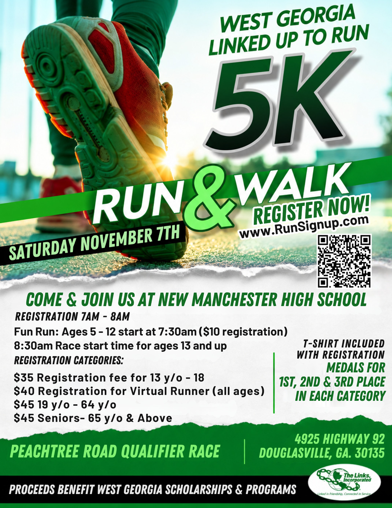 Flyer for the West Georgia Linked Up to Run 5K Run & Walk, hosted by the West Georgia Chapter of The Links, Incorporated. A close-up photo shows the sole of a red and green running shoe in sunlight, with large text reading “5K” and “Run & Walk.” The flyer lists the event as Saturday, Nov. 7, at New Manchester High School, 4925 Highway 92, Douglasville, Ga. 30135, with registration from 7 to 8 a.m., a Fun Run for ages 5-12 at 7:30 a.m. and a race for ages 13 and up at 8:30 a.m. Registration fees are listed by age category, a T-shirt is included, and medals go to first, second and third place in each category. A QR code and www.RunSignup.com are shown for registration. A banner notes the event is a Peachtree Road Qualifier Race, with proceeds benefiting West Georgia scholarships and programs. The Links, Incorporated logo appears in the bottom right corner.