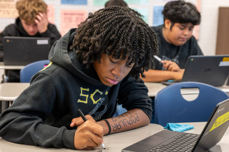 A DCHS student works on a problem in Michelle Hanna's ninth-grade Algebra class at DCHS.