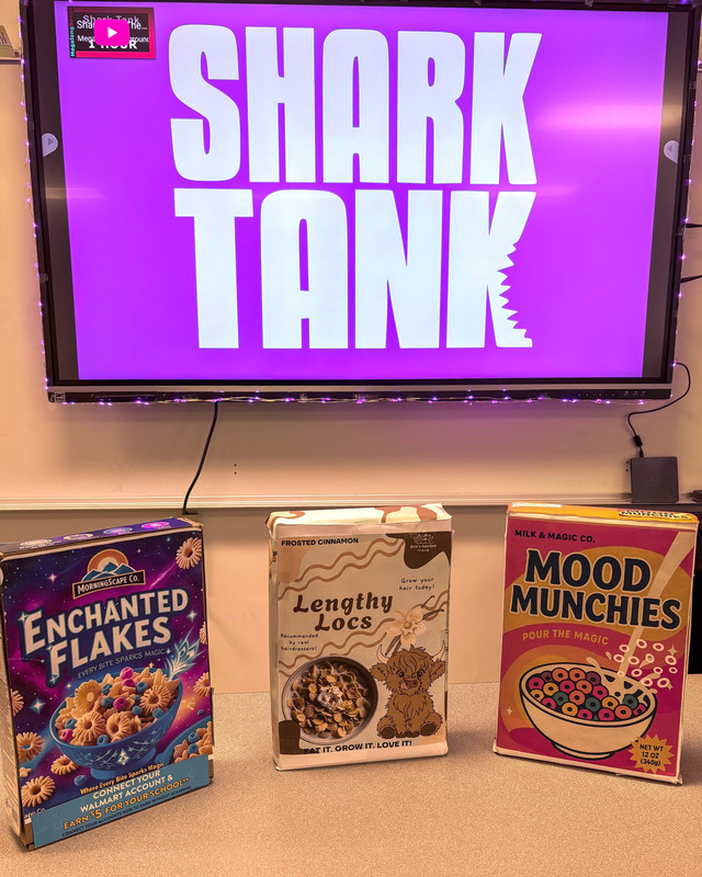 Shark Tank on a screen with boxes of cereal.