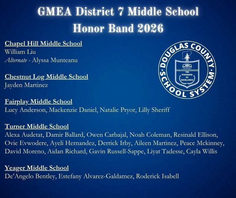 2026 District 7 Middle School Honor Band members from DCSS by school.