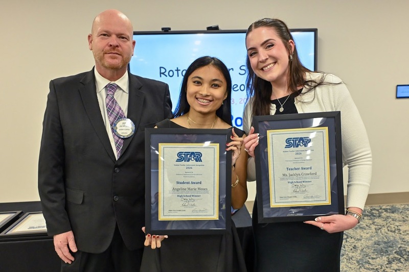 Rotary President Joe Williams with AHS STAR Student Angeline Moses and STAR Teacher Jacklyn Crawford.