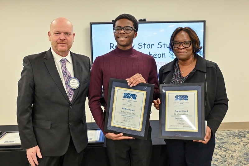 Rotary President Joe Williams, LSHS STAR Student Kelechukwu Ohia and STAR Teacher Dr. Althea Elliott.