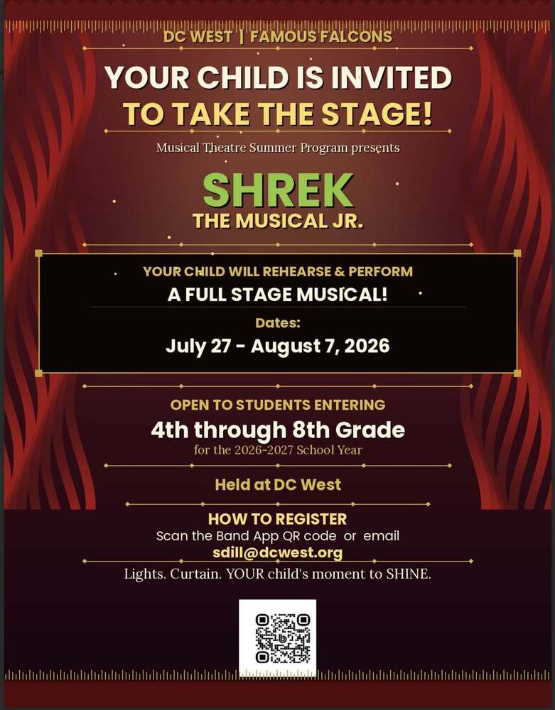 Flyer for the DC West Musical Theatre Summer Program presenting Shrek The Musical Jr. The program runs from July 27 to August 7, 2026, and is open to students entering 4th through 8th grade. Register by scanning the provided QR code or by emailing sdill@dcwest.org.