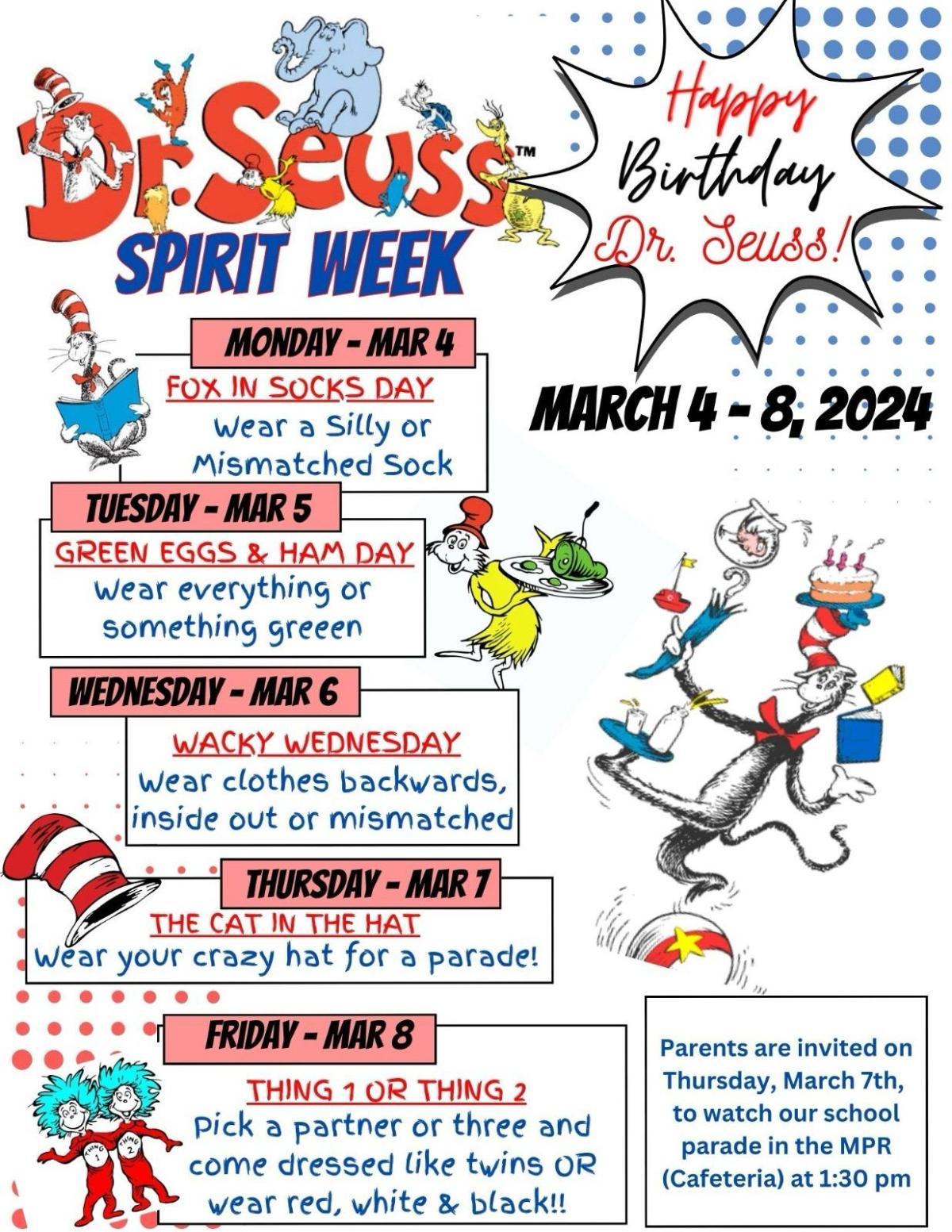 Dr. Seuss Birthday Week 3/4-3/8 | Joe Carlson Elementary School Dr. Seuss Birthday Week 3/4-3/8 | Joe Carlson Elementary School