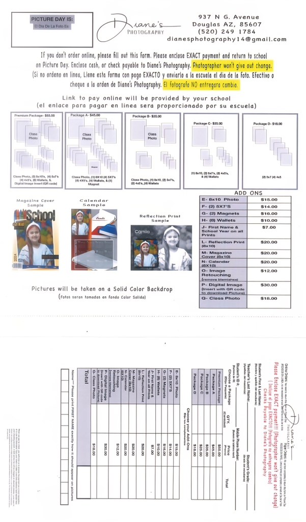 Picture Day September 2025 order form