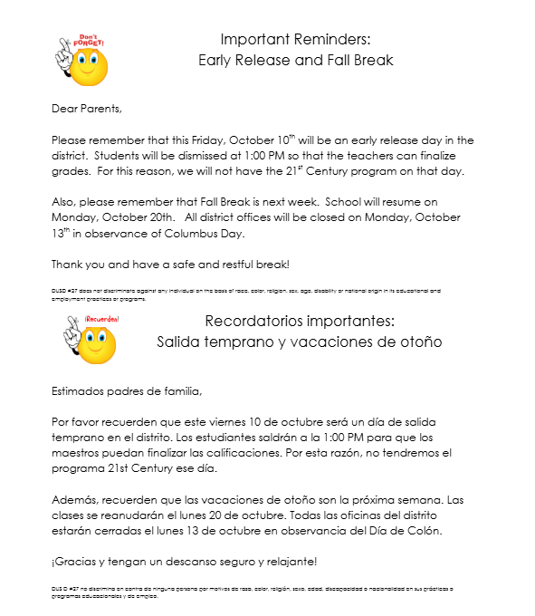Early Release & Fall Break October 2025
