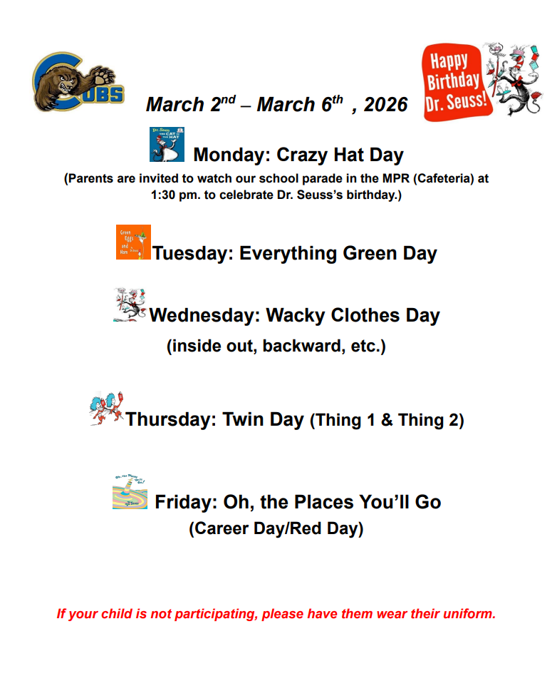 Dr. Seuss Spirit Week March 2-6, 2026