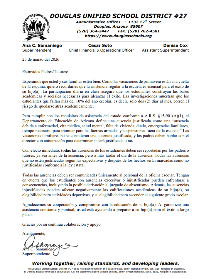 Letter to Parents about attendance Spanish 03-26-26