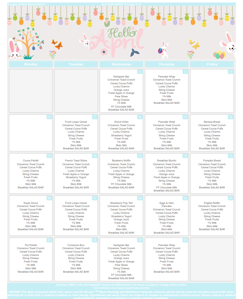 April 2026 Breakfast and Lunch Menus