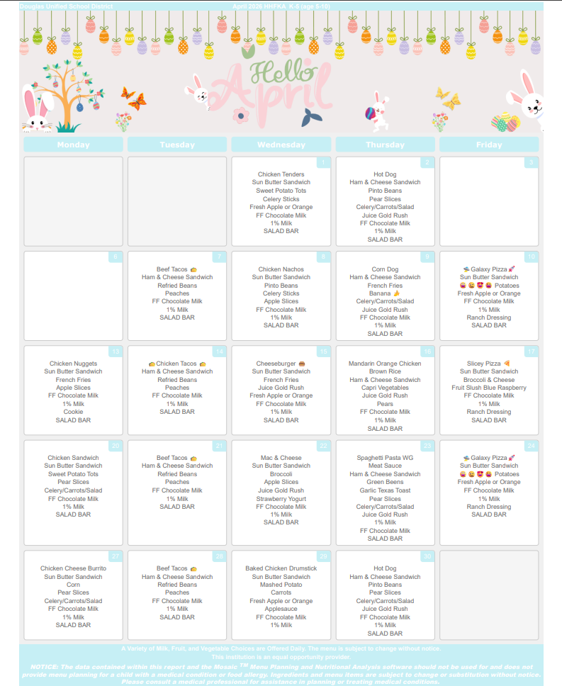 April 2026 Breakfast and Lunch Menus