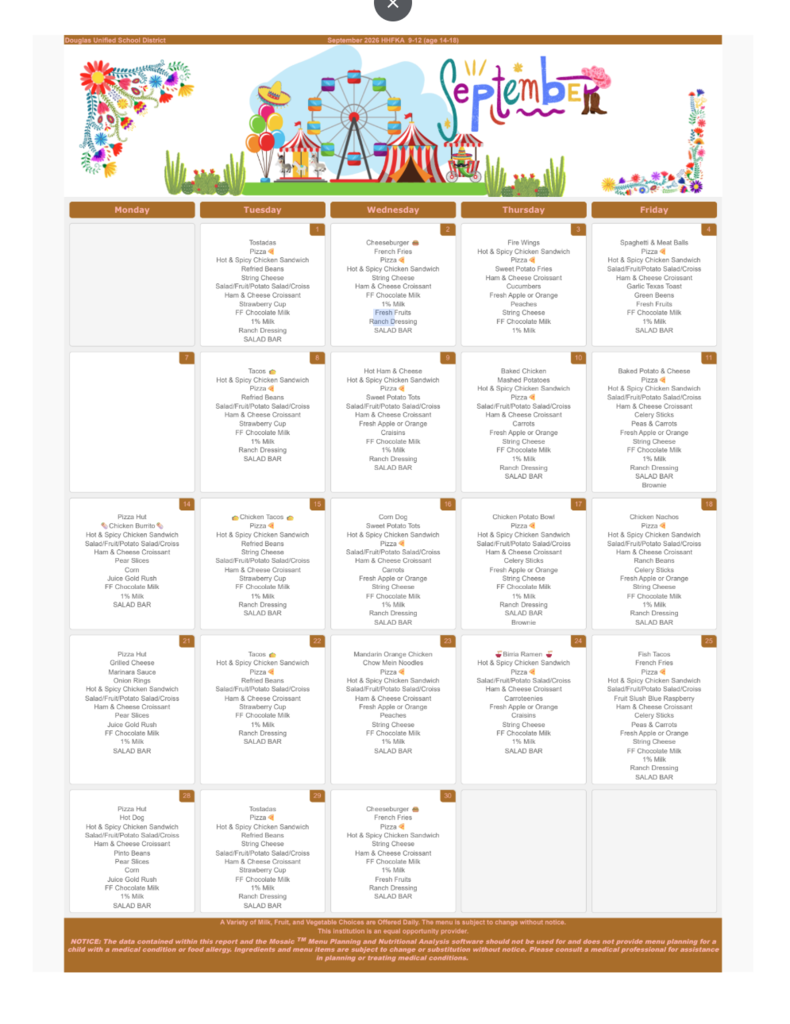 Sept 2026 Lunch & Breakfast Menu